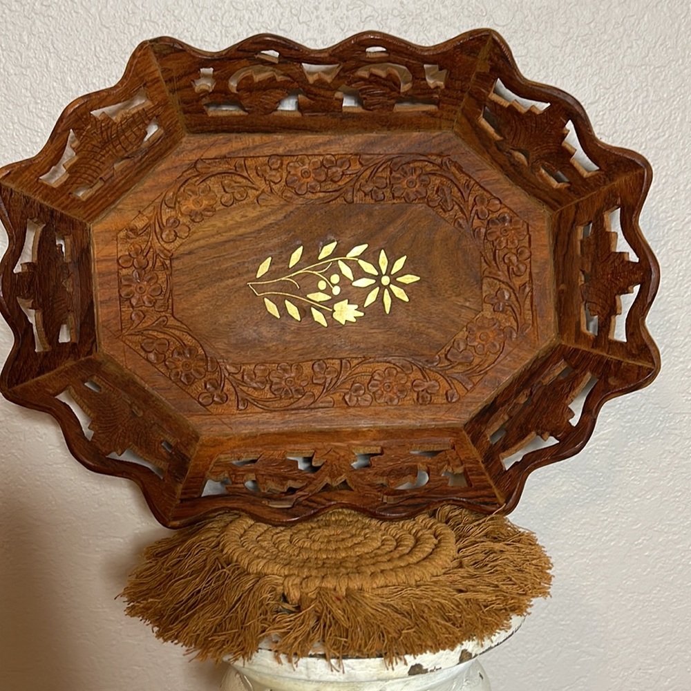 Vintage Carved Etched Brass Floral Inlay Wooden Tray